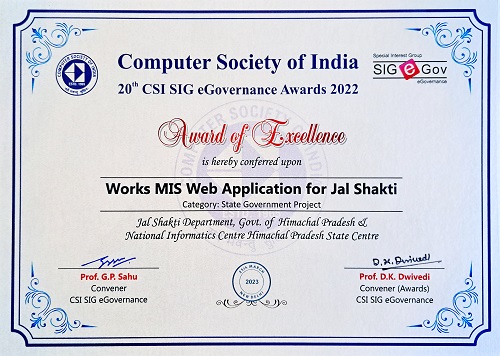 CSI Award of Excellence for Works MIS Web Application for Jal Shakti