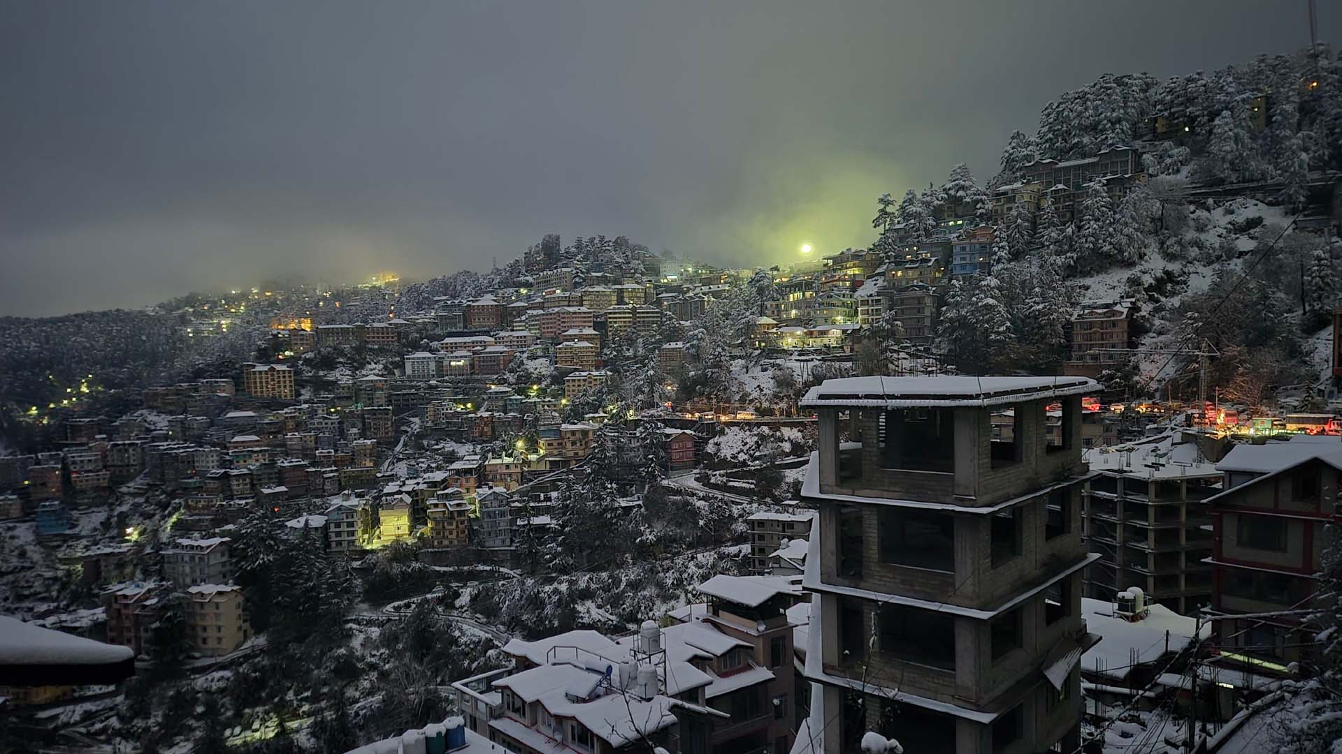 Snow Laden Shimla With Moon Light