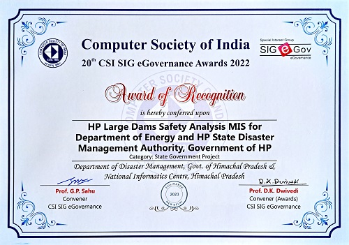 CSI Award of Recognition for HP Large Dams Safety Analysis MIS